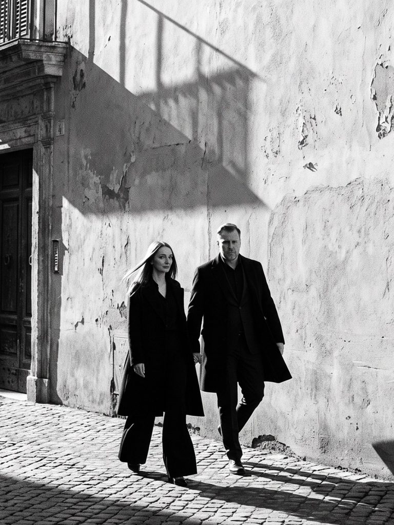 Dimitri and Anna of Fotoclip Studio walking together in Italy, black and white portrait