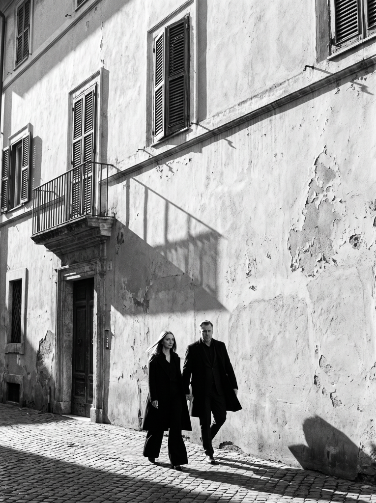 Dimitri and Anna, husband-and-wife destination wedding photographers of Fotoclip Studio, walking along an old street in Italy