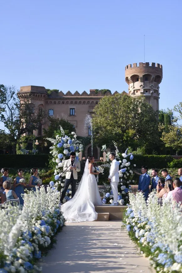Wedding ceremony with guests at Castell Sant Marçal near Barcelona