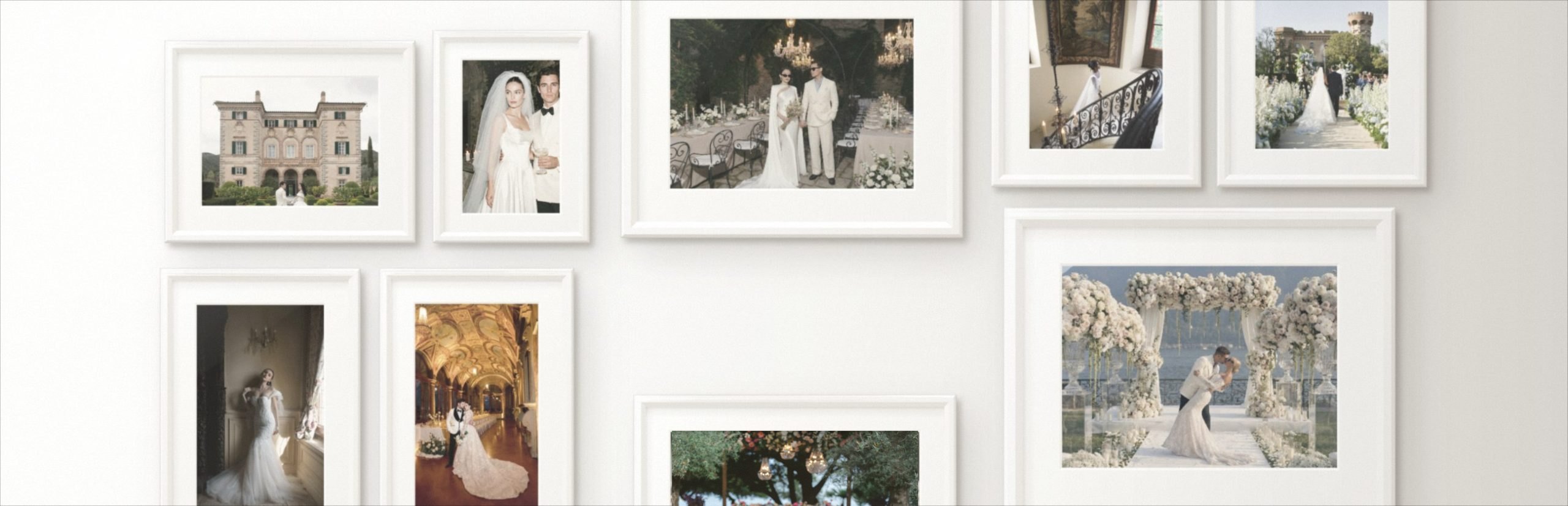Gallery wall of framed wedding photographs by Fotoclip Studio from Spain, Italy and France